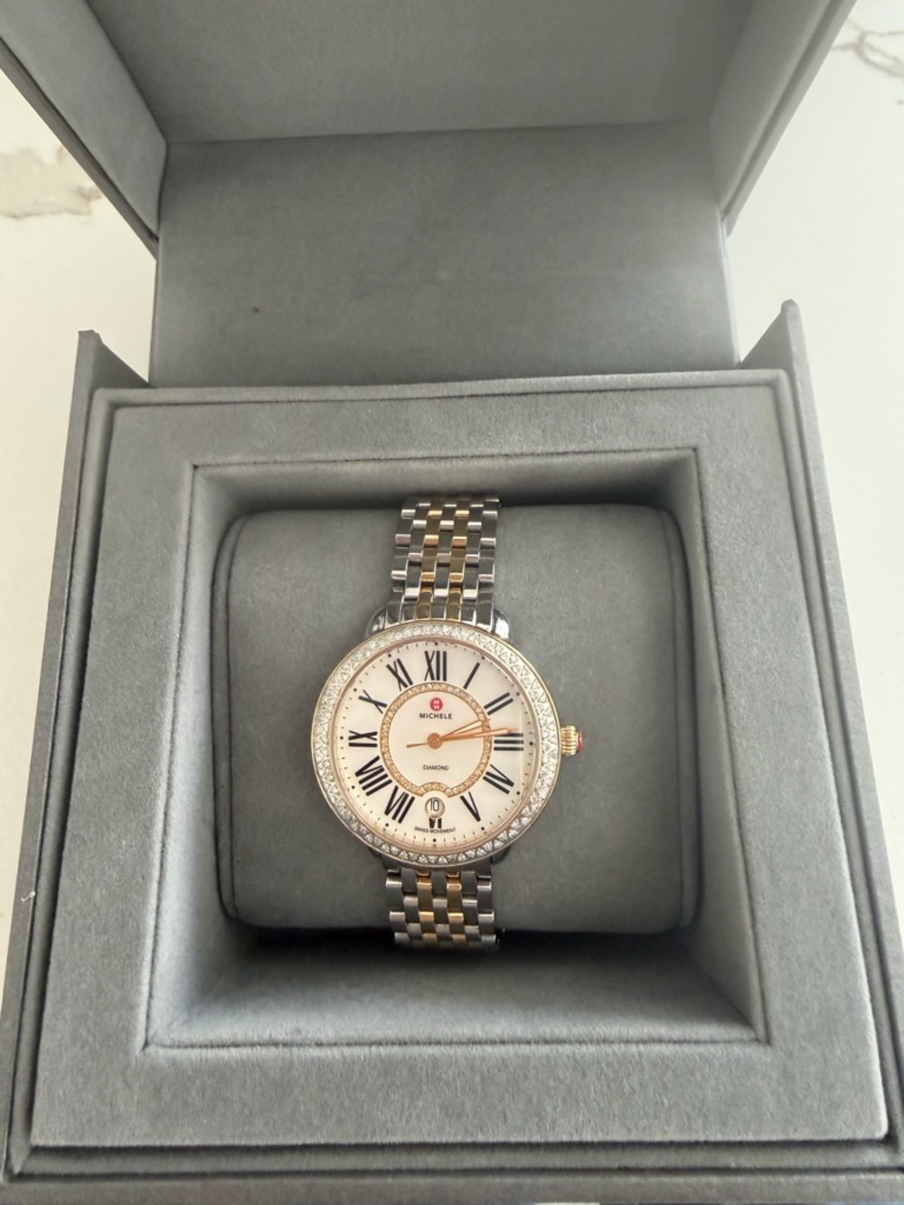 Michele Two-Tone Silver and Gold Diamond Bezel Watch with White Dial